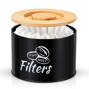 Bamboo Lid Coffee Filter Holder - Rustic Black Container for Cone & Round Filters - Ideal for Counter, Kitchen or Cafe Decor