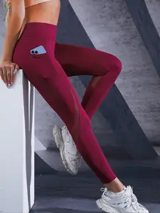 Women's High Waist Mesh Patchwork Sports Leggings, Solid Color Breathable Comfortable Skinny Pants, High Stretch Yoga Leggings, Ladies Sportswear for Indoor Outdoor Wear, Fitness Yoga Pants