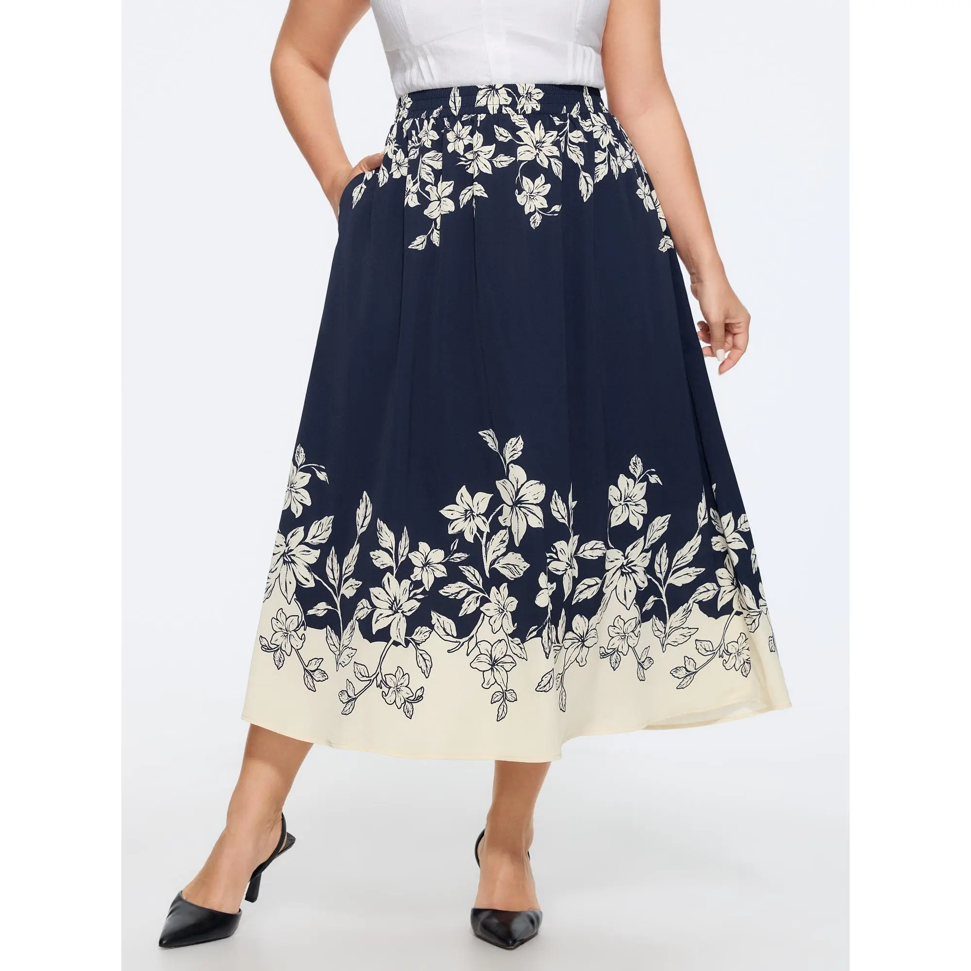 BLOOMCHIC Plus Size Floral Print Elastic Waist Pocket Midi Skirt[M-6X] 2026 Summerfinds