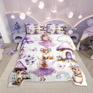 Purple Fairy Comforter Set,- Mushroom Floral Butterfly Bedding Set,for Girls Kids,Whimsical Fairies Garden Bed Set,| Flower Forest Theme Room Decor