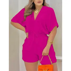 Women's Chic Black V-neck Waist-cinching Jumpsuit - Casual Short-sleeve Summer Jumpsuit, Machine Washable, Comfortable Fashion Design Overalls Womenswear