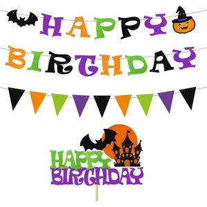 Happy Birthday Banner Halloween Themed Paper Triangle Flag NO DIY Hanging Cardstock Bunting for Birthday Decorations Photo Sign Backdrop Orange, Black, Violet