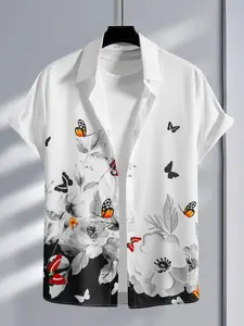Men's Butterfly & Floral Print Short Sleeve Shirt, Casual Printed Fitted Button Front Shirt, Regular Fit Casual Comfy Top for Summer, Men's Clothes for Beach Vacation, Collared Shirts, Menswear