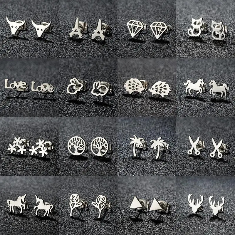 New Minimalism Earring Silver Color Fashion Cat Horse Hedgehog Scissors Deer Mini Stud Earrings for Women Men Pendientes Gift
