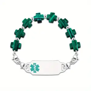 Women's Cross Bracelet - Emerald Malachite Beads with Adjustable Chain for Nurses, Doctors, First Responders - Everyday and Formal Jewelry Gift