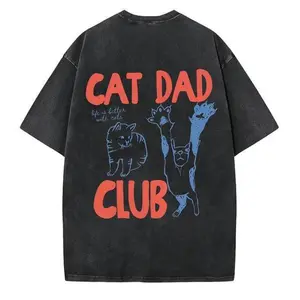 Cat Dad Vintage Washed Graphic Tee Cat Dad Club Back Design Funny Cat Lover Pet Parent Comfort Short Sleeve Crewneck Casual Loose Fit Retro Streetwear Daily Holiday Unisex Top Gift for New Cat Dad Pet Owners