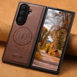 SUTENI Frosted Feel Faux Leather Magnet Wireless Charging Phone Case For Samsung Galaxy Z Fold 7 6 For Unisex Relatives Friends And Elders Holiday Gift