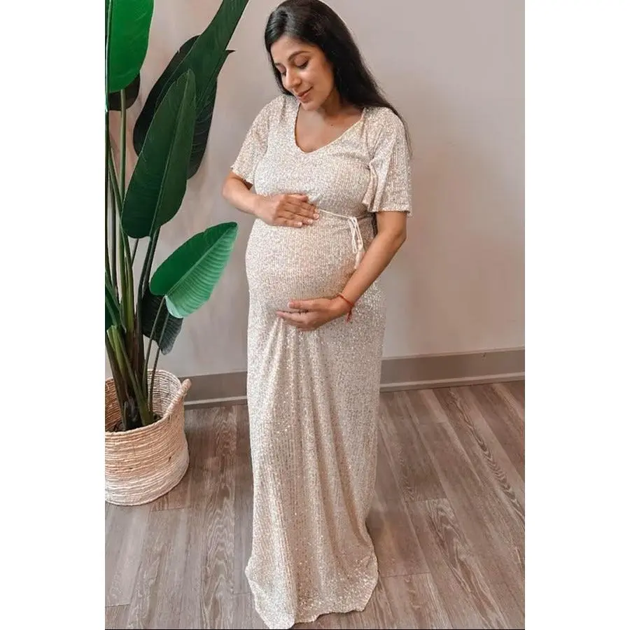 Cream Sequin Short Sleeve Maternity Maxi Dress - TikTok Shop