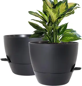 10 inch Self Watering Planters, 2 Pack Large Plastic  Pots with Deep Reservior and High Drainage Holes for Indoor Outdoor  and , Black