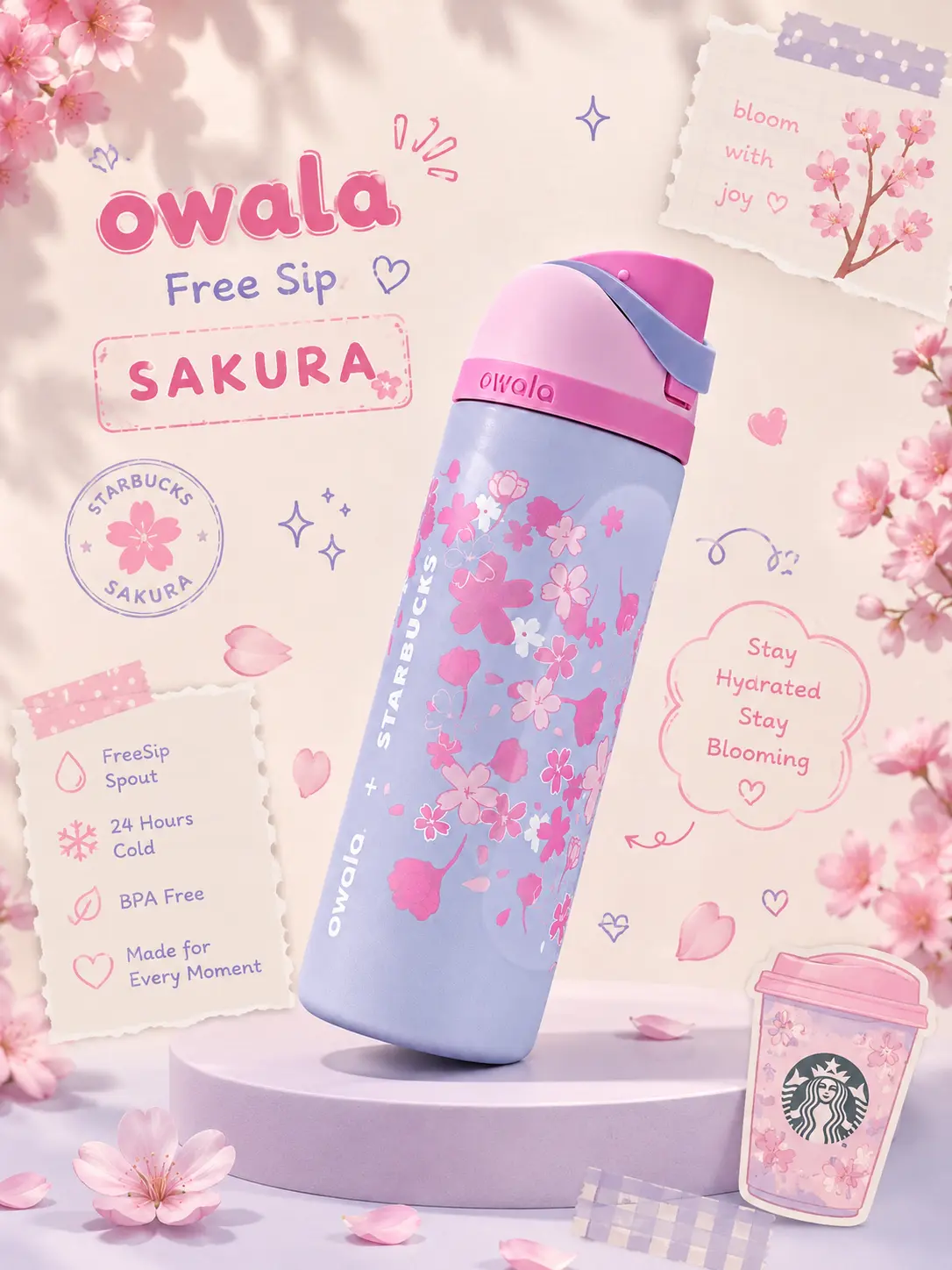 Owala Starbucks Sakura FreeSip Water Bottle | Limited Edition Pink Cherry Blossom Insulated Stainless Steel Leakproof Bottle | Gift for Her
