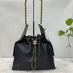 Pre-owned Auth Chanel Black Quilted Caviar Drawstring Bucket Tote Bag ZV08 26.05.06