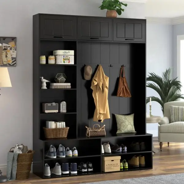 [Bellemave]VIBE HAUS 76.9''H Farmhouse Hall Tree with Bench and Shoe Storage, 5-in-1 Entryway Bench with Coat Rack, Modern Entryway Storage Organizer Cabinet with 4 Hooks for Hallway, Entryway, Living Room