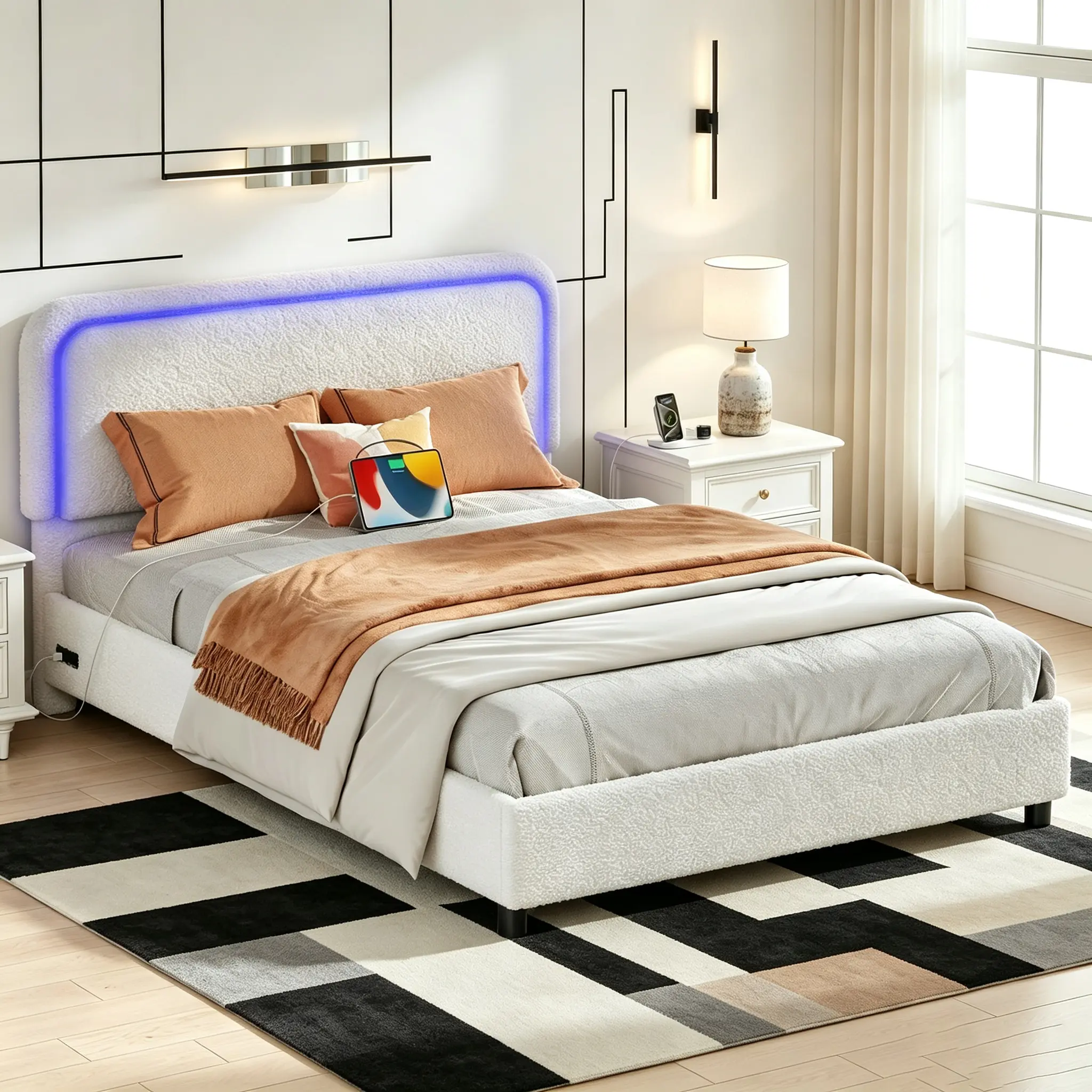 Twin Size Boucle Bed Frame, Adjustable Rounded Corners Headboard with LED Lights, Upholstered Teddy Fabric Bed Frame with Charging Station, No Box Spring Required, Easy Assembly, Beige