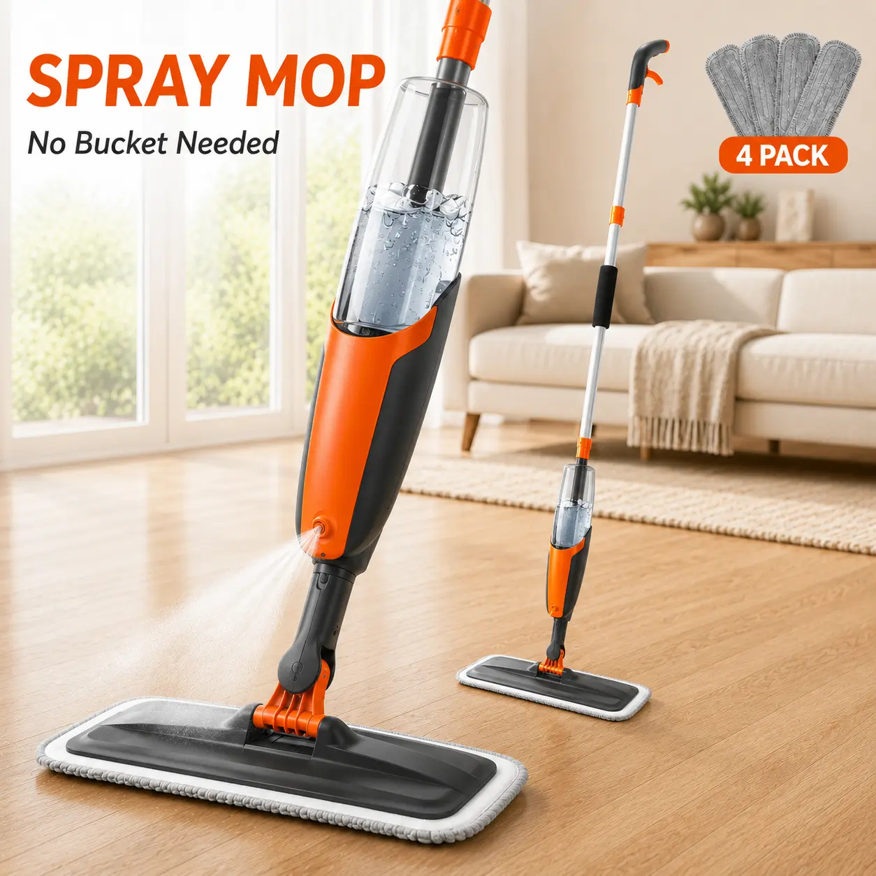 Spray Mop for Multi-Surface Heavy-Duty Cleaning with 4 Washable Microfiber Pads,Refillable Bottle,Functional Scraper,360°Rotating Head,One-Handed Operation,Wet/Dry Use,Rust-proof Aluminum Pole Lightweight Smooth