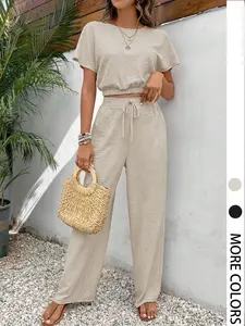 Women's Solid Color Top & Wide Leg Pants Two-piece Set, Casual Fashion Cozy Top & Trousers for Daily Outdoor Wear, Ladies Summer Clothes