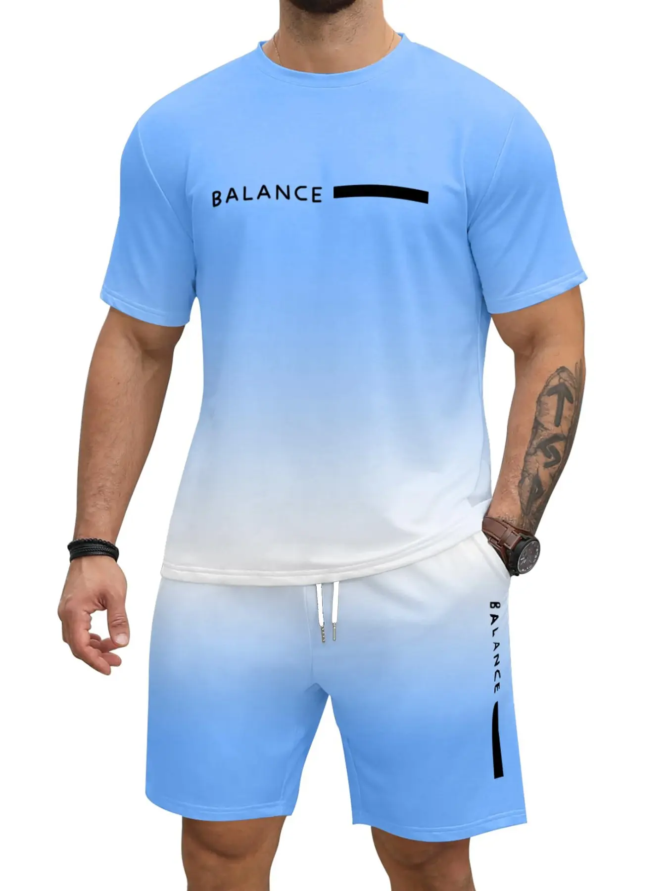 Summer Men's Gradient Print Sport Set, Balance Letter Short Sleeve T-Shirt + Shorts Two-Piece Set, Casual Fitted Suit, Casual Activewear Set, Modern Sportswear