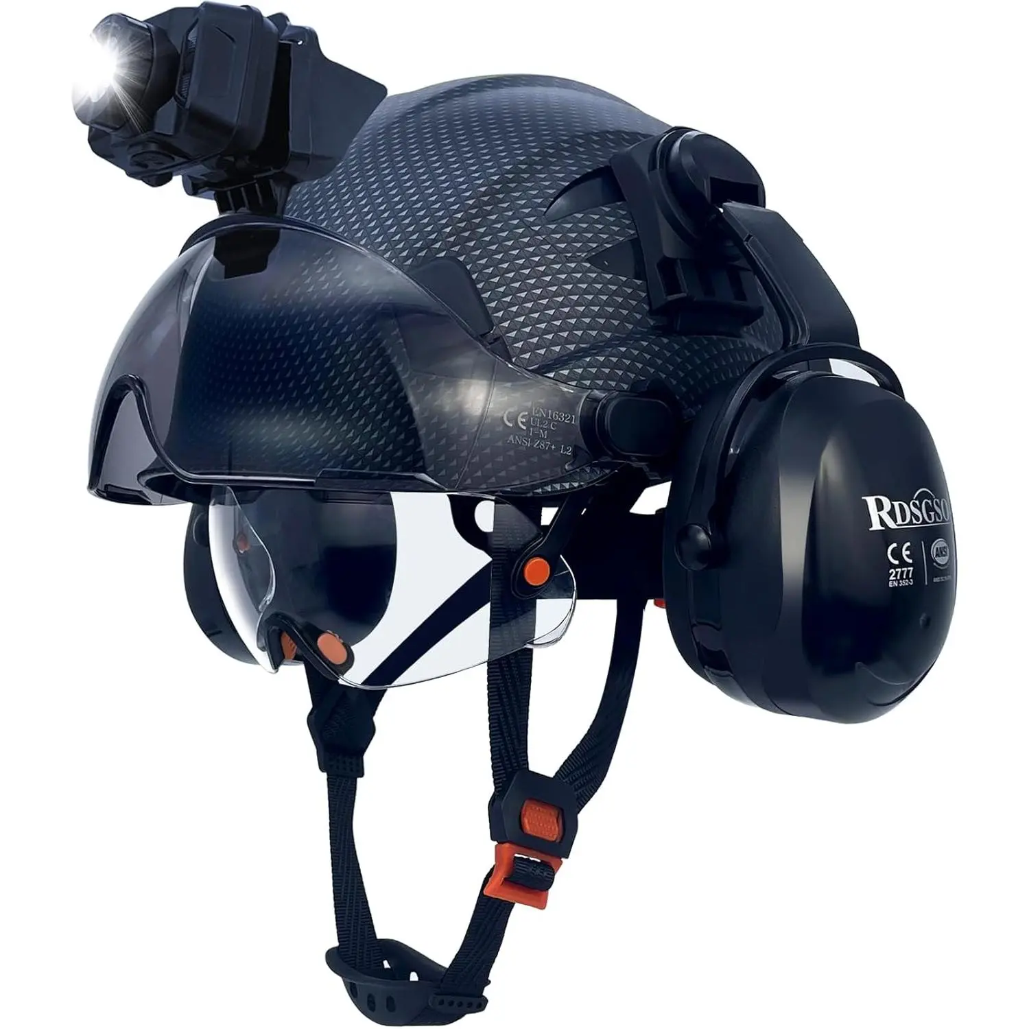 Full Brim Safety Hard Hat with Headlight, Visor & Ear Muffs, Lightweight & Ventilated with 6-Point Adjustable Suspension for Industrial Construction & Visibility Protection