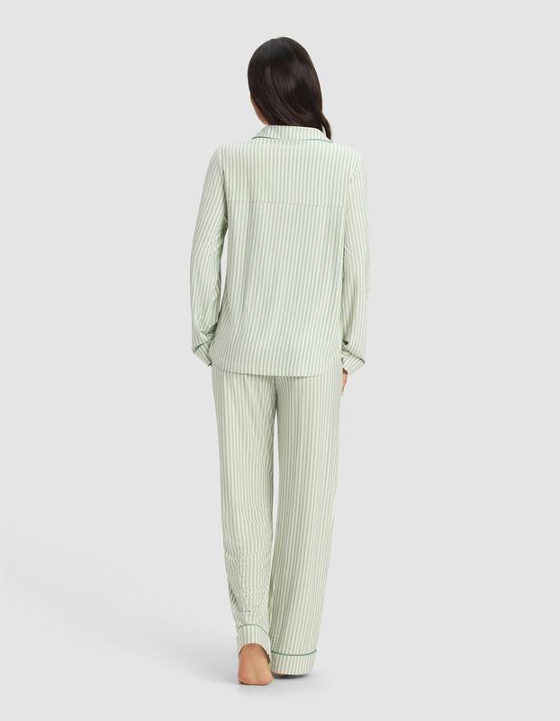 Women's Bamboo Stretch-Knit Long Sleeve Pajama Set - Market Stripe in Divi Green