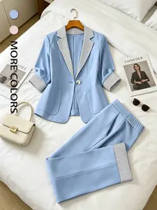 Two piece fashionable and high-end seven quarter sleeved suit set with striped and flanged design, versatile and stylish in the workplace, suitable for spring and summer, interviews, onboarding, business training, and light business parties