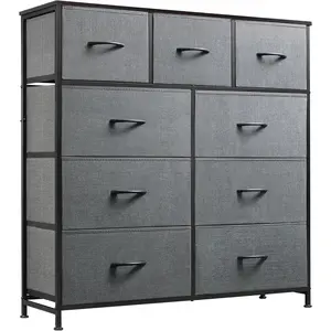 9-Drawer Dresser, Fabric Storage Tower for Bedroom, Hallway, Entryway, Closet, Tall Chest Organizer Unit with Fabric Bins, Steel Frame, Wood Top, Easy Pull Handle, Dark Grey