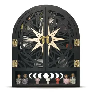 FNYDOX Crystal Display Shelf for Wall, Crescent Moon Phase Wall Shelf Decor, Wooden Storage Organizer for Stones Collection Essential Oil Display, Arch Crystal Holder Shelf for Meditation Room