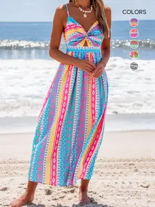 Popvil Tribal Printed Front Knot Cami Dress,Women's V Neck Sleeveless Seaside Vacation Maxi Dress for Summer,Causal Wear,dealsforyoudays