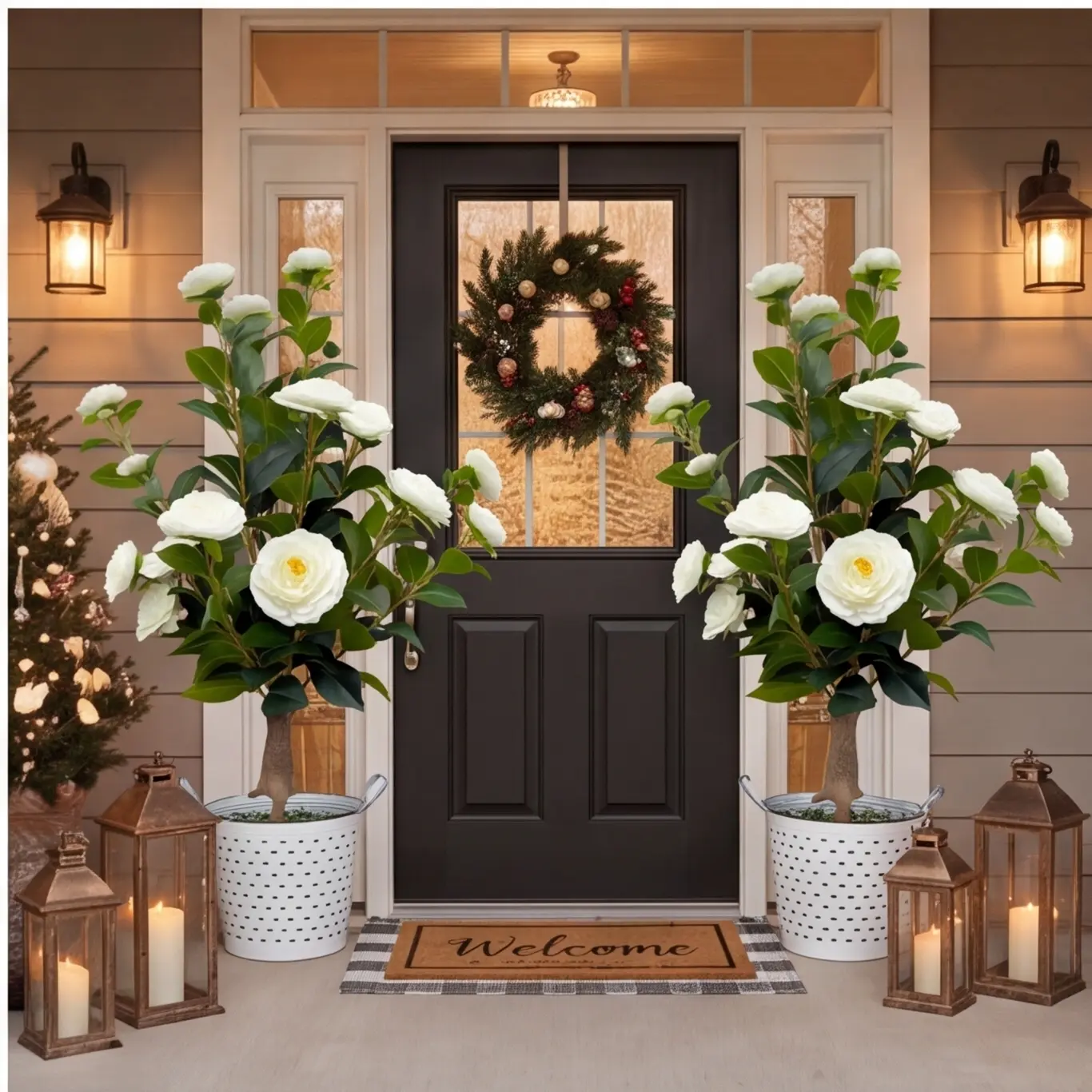 2 Pack 3FT Artificial Camellia Trees with 24 Lifelike White Flowers & 188 Leaves, Realistic Faux Potted Plants with Decorative Pebbles, Maintenance-Free Fake Trees for Front Porch, Indoor Outdoor Home Office Decor