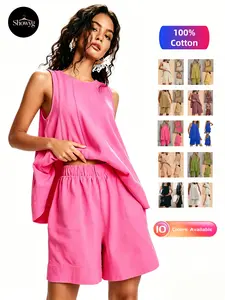 Showyg Women's 100% Cotton Basic 2-Piece Matching Set - Sleeveless A-Line Tank Top, High-Waist Baggy Oversize Pocket Shorts, Thick Breathable Contrast Stitch Casual Beach Outfit for 2026 Summer
