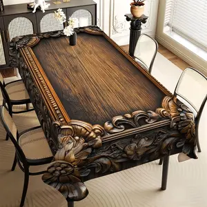 JIT 1pc 2D flat vintage faux wood grain floral pattern rectangular tablecloth, for kitchen, living room, and dining table, kitchen accessory, party, room & outdoor decorative tablecloth, a tablecloth gift for friends