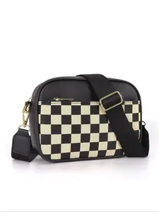 Cool black and white classic checkerboard stitching shoulder Checkered crossbody bag,  double  zipper design with adjustable webbing,  retro fashion casual versatile,  suitable for daily travel, shopping,  etc.