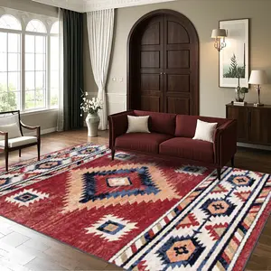Velvet + Soft and Comfortable American Style Ethnic Classic Geometric Art Texture Pattern Printed Carpet, Home Decoration Carpet, Living Room Large Carpet Sofa Cushion Door Mat Coffee Table Mat Bedroom Carpet Bedside Carpet