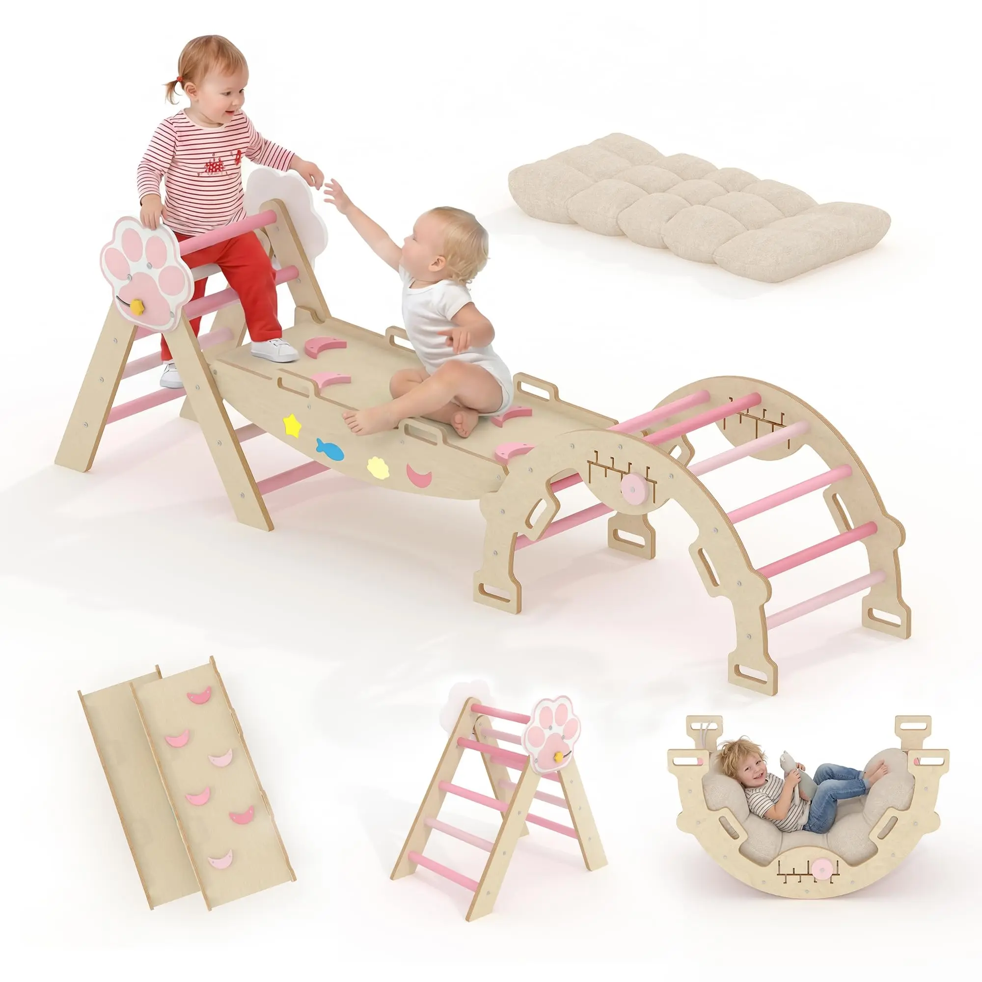 Large 7-in-1 Collapsible Wooden Toddler Climbing Set – Educational Indoor Jungle Gym Playhouse with Reversible Slide, Ramp, Rocking Arch, Ladder & Cushion – Educational Climber Toys for Kids