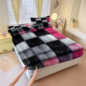 3Pcs Vibrant Chessboard Fitted Sheet Set, Soft Fabric with Black, White, Gray, Hot Pink, and Lavender Panels, Luxurious Textured Bedding for Ultimate Comfort and Cozy Vibes, Perfect for Home Decor! Includes 2 Pillowcases, No Pillow Core