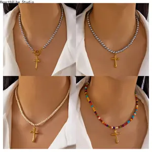 Unisex Dopamine Style Natural Stone Beaded Necklace | Tarnish-Free Stainless Steel FrontToggle Clasp Cross Pendant, Vibrant Summer Energy Choker for Men Women