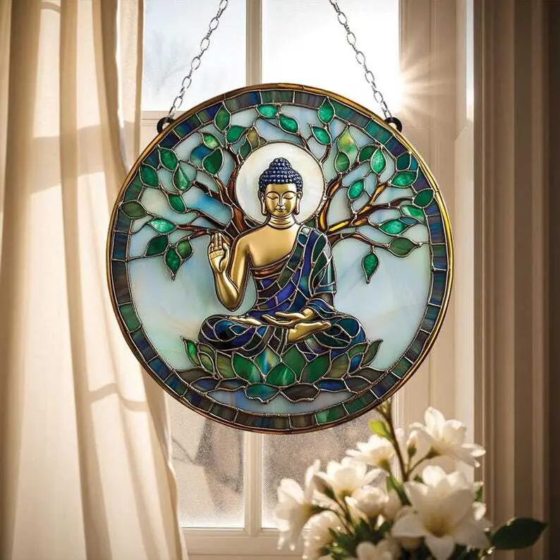 Peaceful Buddha Acrylic Suncatcher, Namaste Meditation Faux Stained Glass, Lotus Position Buddha Sign, Spiritual Gift for Buddha Lovers