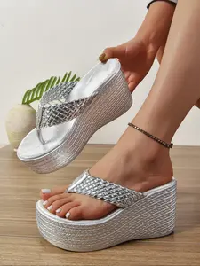 Women's Fashionable Glittering Platform Sandals, Casual Comfortable Wedge Sandals for Summer, Lightweight Breathable Shoes for Daily Wear, Girl