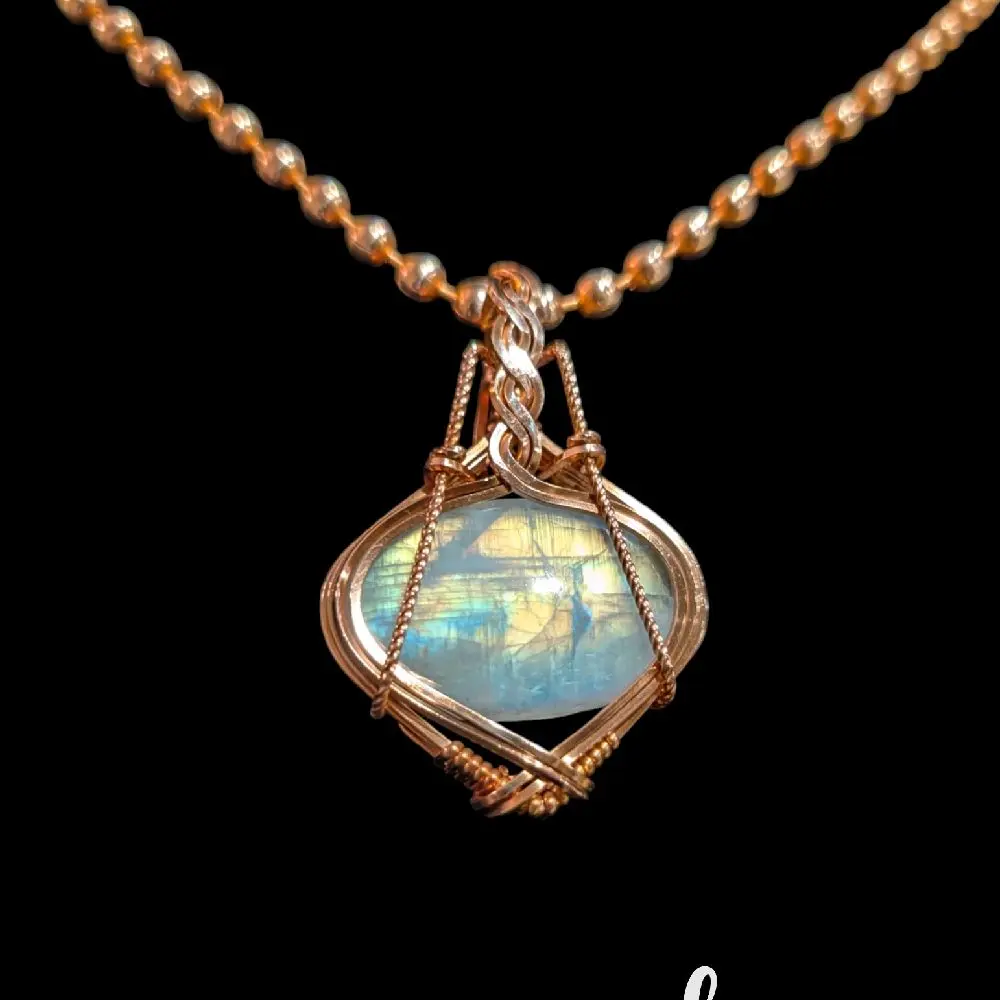 Fancy Wires Copper and Rainbow Moonstone Wire Wrapped Pendant - Unique Design Jewelry Piece