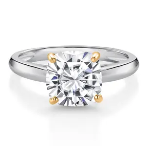Gem Stone King 925 Sterling Silver and 10K Yellow Gold White Moissanite Solitaire Engagement Ring For Women (2.40 Cttw, Cushion 8MM, Gemstone Birthstone)