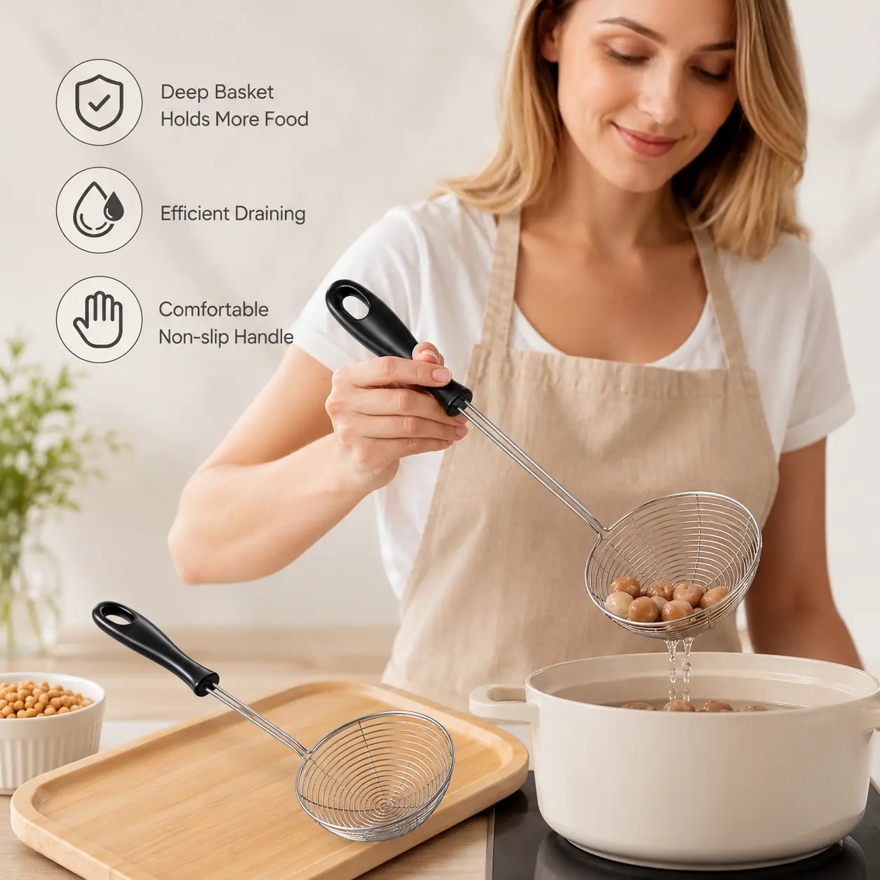 1 Count Stainless Steel Wire Skimmer Strainer, non-slip heat resistant handle, deep large sieve for straining small food ingredients in home kitchen