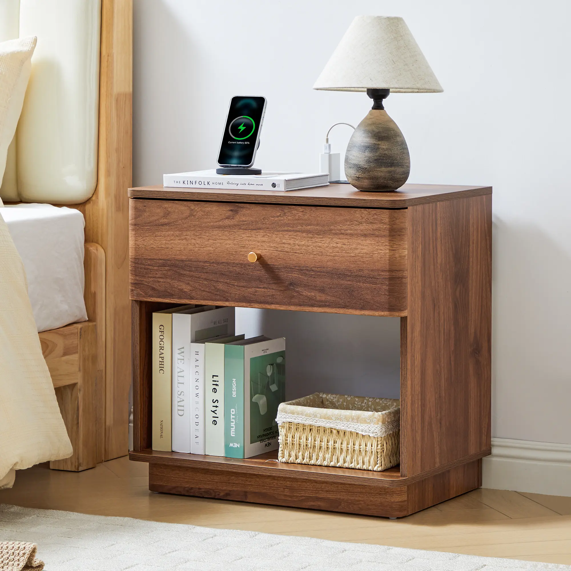 FurSch 23'' Wide Nightstand with Integrated Charging Station, Modern Bedside Table Featuring a Smooth Pull-Out Drawer and Open Storage Shelf, Ideal for Bedrooms, Closets, or Small Space
