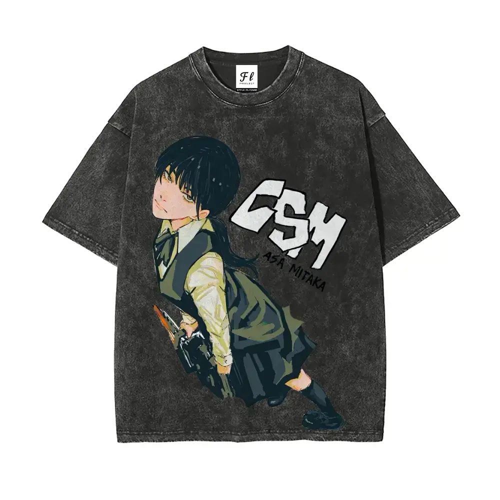 Men's Casual Tee, Vintage Washed Anime Graphic Shirt with CSM Asa Nitaka Print, Loose-Fit Lightweight 100% Cotton Street Style