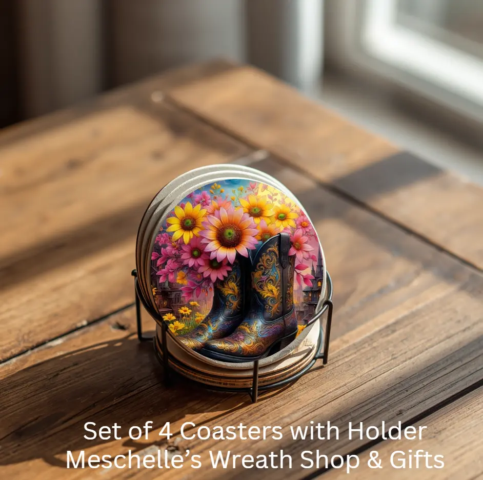 Boots & Flowers Stylish Round Ceramic Coasters Set of 4 with Metal Holder, Kitchen Tableware for Coffee, Room Decor