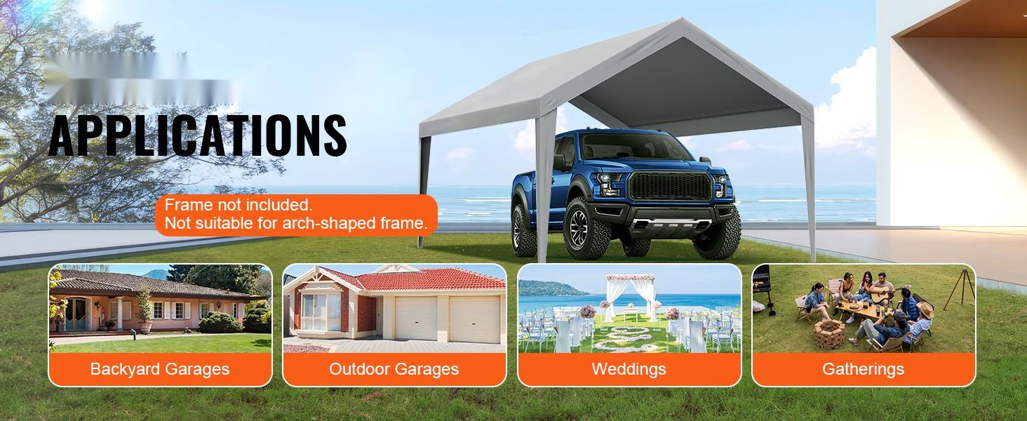 Carport Replacement Canopy Cover 12x20 ft for Outdoor Garage Shelter, Heavy-Duty Waterproof and UV Protected Top Tarp, Easy Install with Ball Bungees, Grey Color, All-Weather Durable Roof Cover, Only Top Cover, Frame Not Included