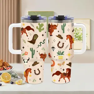 Cowboy Western, 40oz tumbler with handle, Summer Ice Stainless Steel Vacuum Insulated Travel Mug, Boho Desert Cactus design, Horse Lover Gift, for camping and road trip, Water Bottle, Tumbler Gift for Women and Men, Birthday Gift