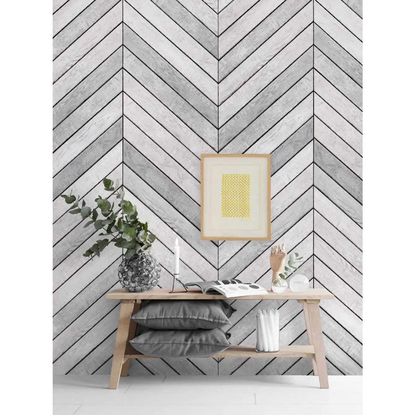 Chevron Grey White Wood Accent Mural Wall Art Wallpaper - Peel and Stick