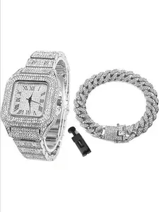 Square Dial Quartz Watch with Cuban Bracelet & Gift Box – Stylish Wristwatch with Strap Adjuster for Men,Women |                 Perfect Christmas Gift for Lovers
