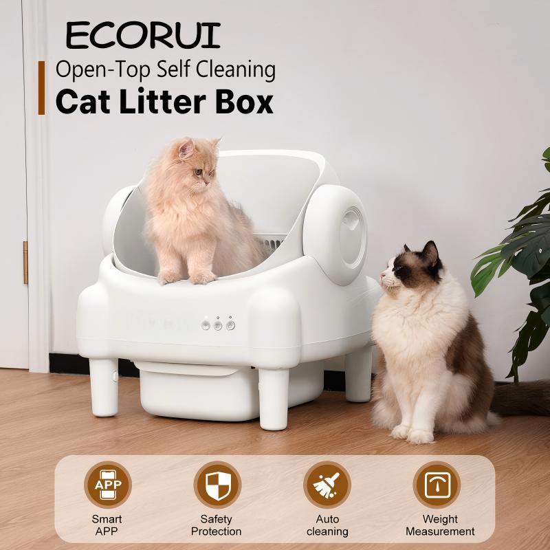 ECORUI Self-Cleaning Cat Litter Box Open Top Automatic with App Control for Multiple Cats Safety Sensors Odor Control Cream White Large Waste Bin Includes 2 Liners