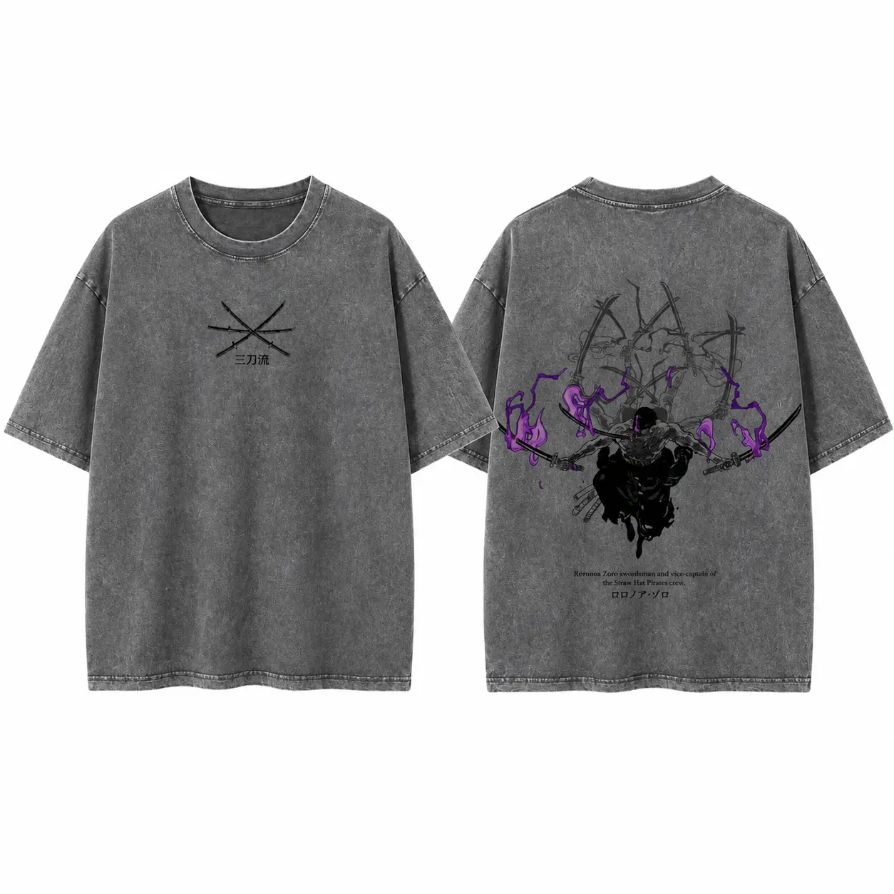 Roronoa Zoro One Piece Vintage Oversized Double Sided Anime Graphic T-Shirt, Acid Wash Lightweight Streetwear