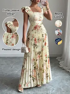 Women's Square Neck Floral Elegant Pleated Ruffled Long Dress, High Tie-waist Slim Fit A-Line Party Dresses, With Ruffled Short Sleeves, Elegant and Romantic Women's Dresses, Floral Pattern Dress