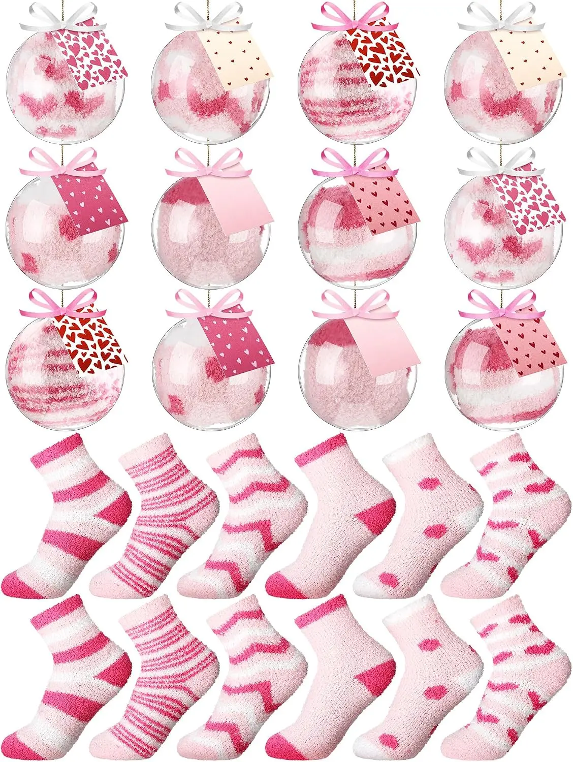 Cutecrop 12 Pairs Valentine's Day Fuzzy Socks Gift for Women Pink Heart Socks Gifts for Valentines(Pink Heart)